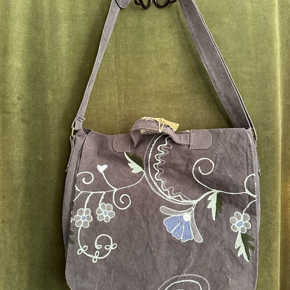 Embroidered Gray Shoulder Computer Bag